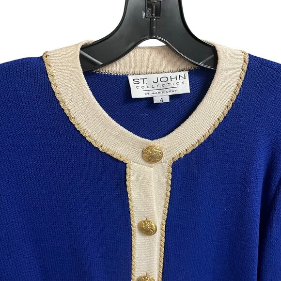 St. John Royal Blue Cream Gold Santana Knit Button Up Cardigan Jacket Size 4 - Picture 4 of 7
